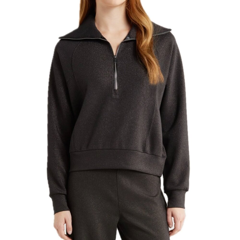 Spanx Air Essentials Shine 1/2 Zip Very Black Gunmetal w Shimmer Women's XS NWT